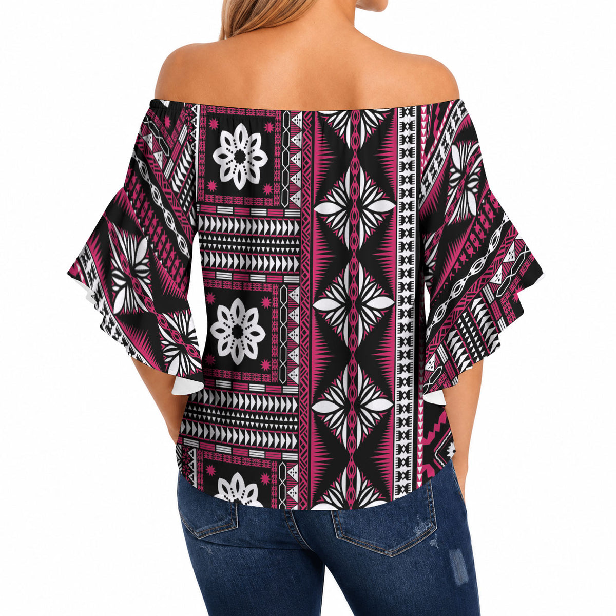 Fiji Masi Tapa Pattern Pink Off Shoulder Wrap Waist Top LT01 - Polynesian Pride