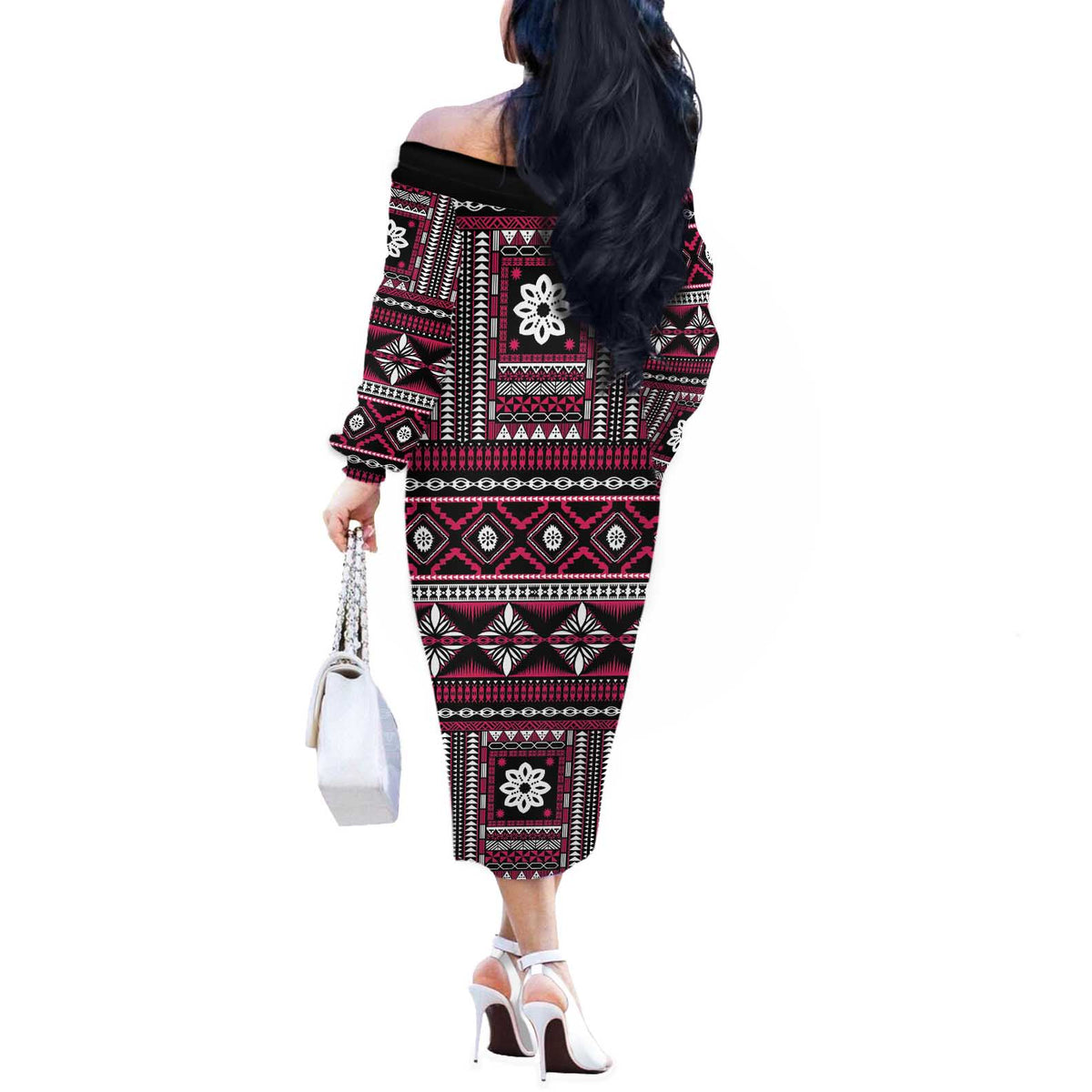 Fiji Masi Tapa Pattern Pink Off The Shoulder Long Sleeve Dress - Polynesian Pride