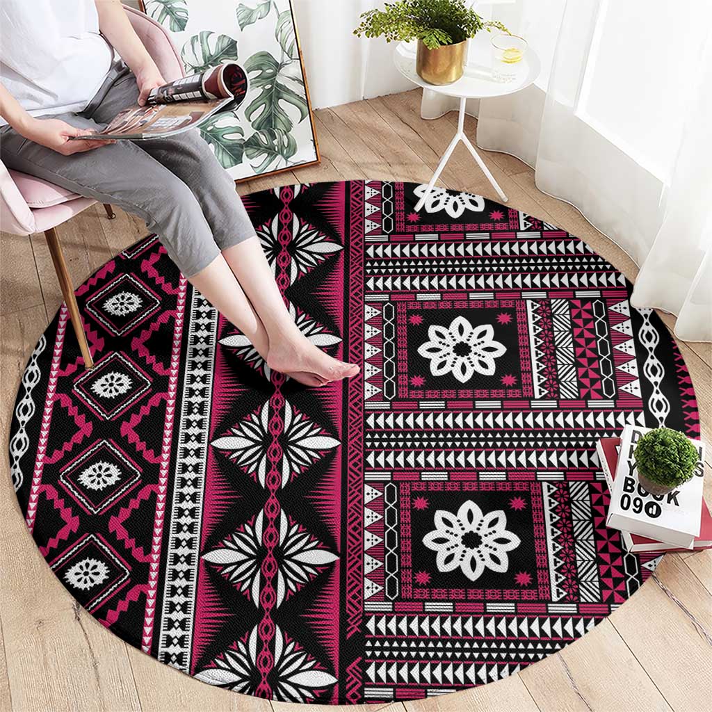 Fiji Masi Tapa Pattern Pink Round Carpet - Polynesian Pride