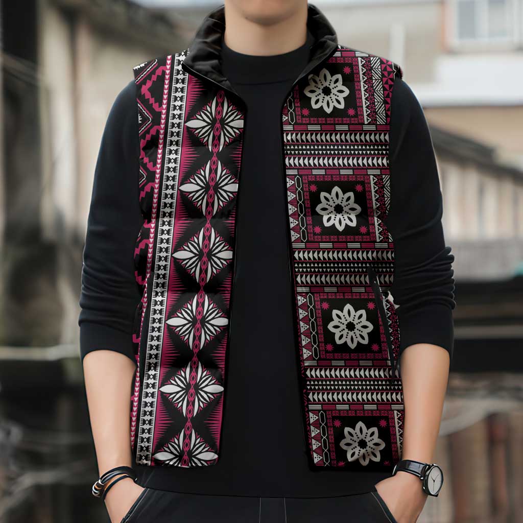 Fiji Masi Tapa Pattern Pink Sleeveless Puffer Jacket - Polynesian Pride