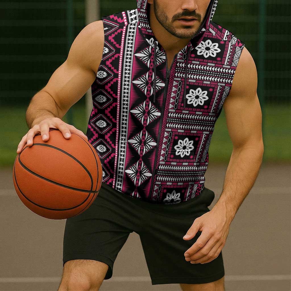 Fiji Masi Tapa Pattern Pink Sleeveless Zip Hoodie - Polynesian Pride