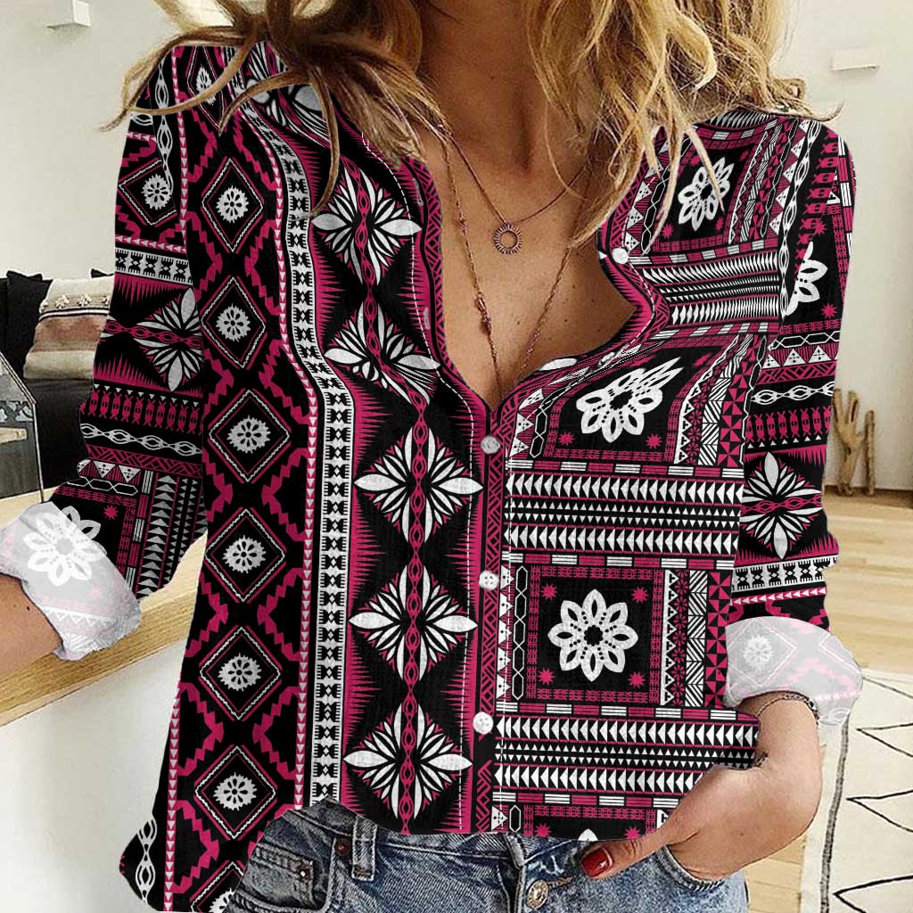 Fiji Masi Tapa Pattern Pink Women Casual Shirt - Polynesian Pride