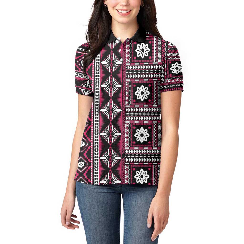 Fiji Masi Tapa Pattern Pink Women Polo Shirt - Polynesian Pride