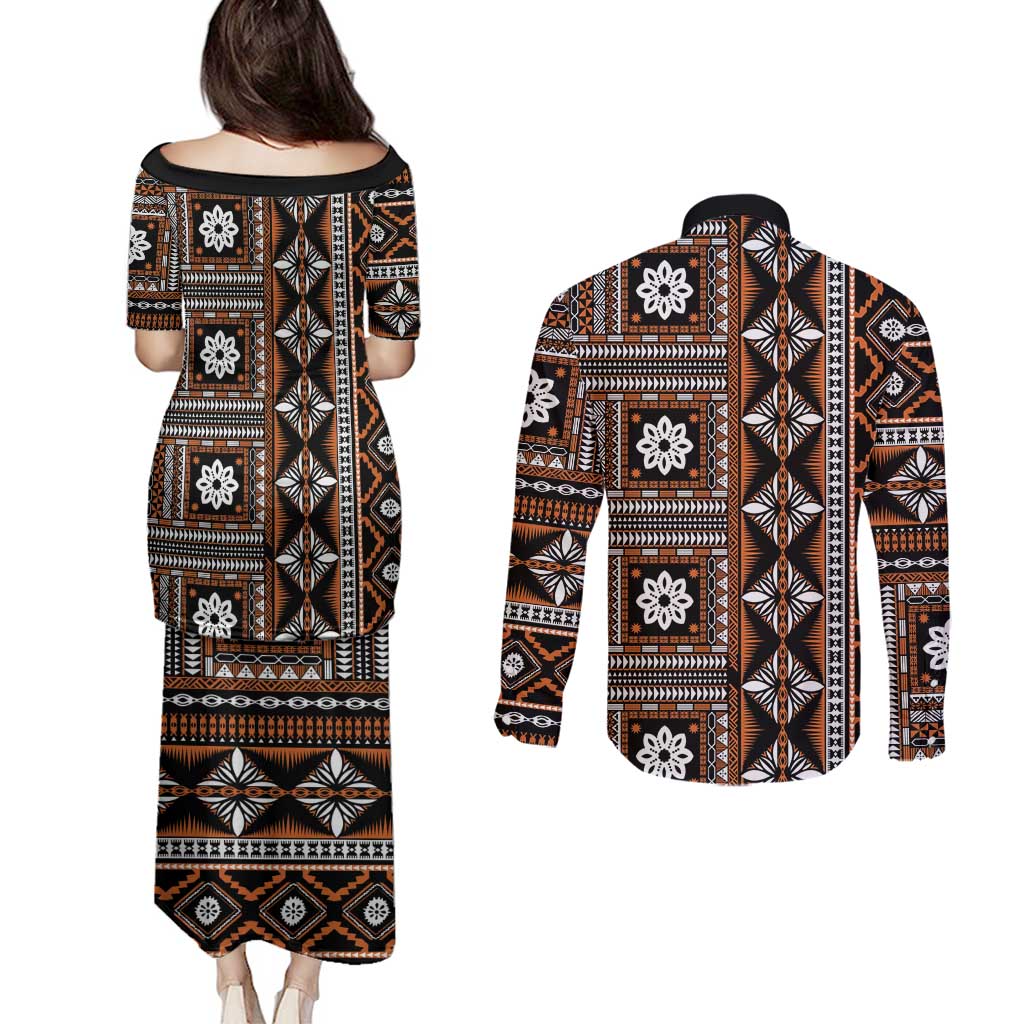 Fiji Masi Tapa Pattern Orange Couples Matching Puletasi and Long Sleeve Button Shirt - Polynesian Pride