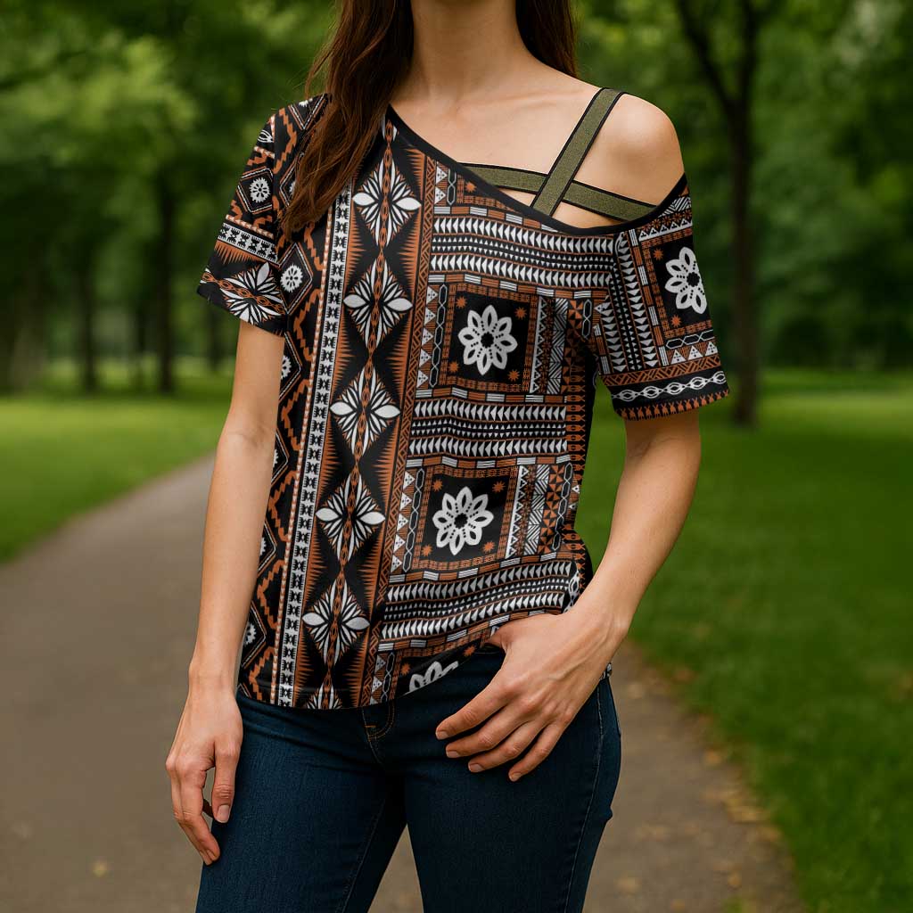 Fiji Masi Tapa Pattern Orange Cross Shoulder Shirt - Polynesian Pride