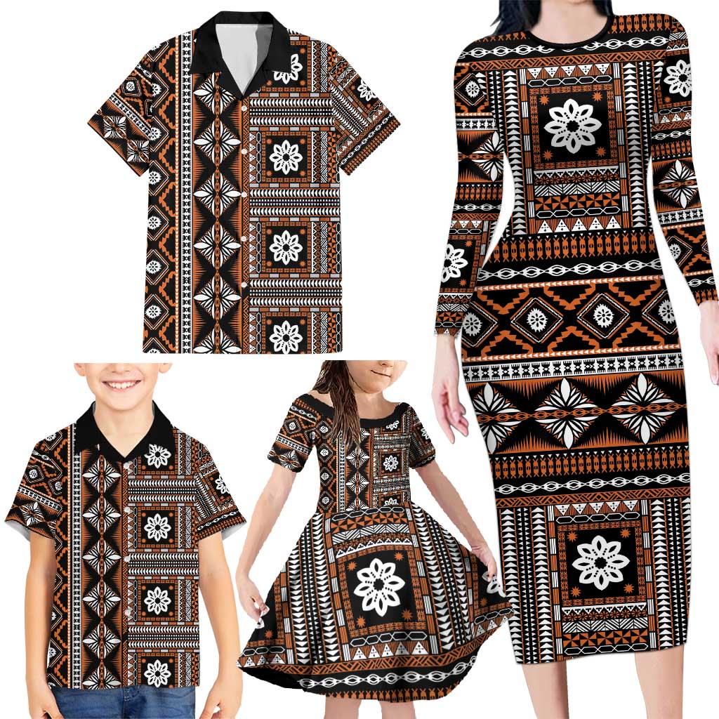 Fiji Masi Tapa Pattern Orange Family Matching Long Sleeve Bodycon Dress and Hawaiian Shirt LT01 - Polynesian Pride