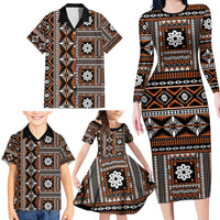 Fiji Masi Tapa Pattern Orange Family Matching Long Sleeve Bodycon Dress and Hawaiian Shirt LT01 - Polynesian Pride