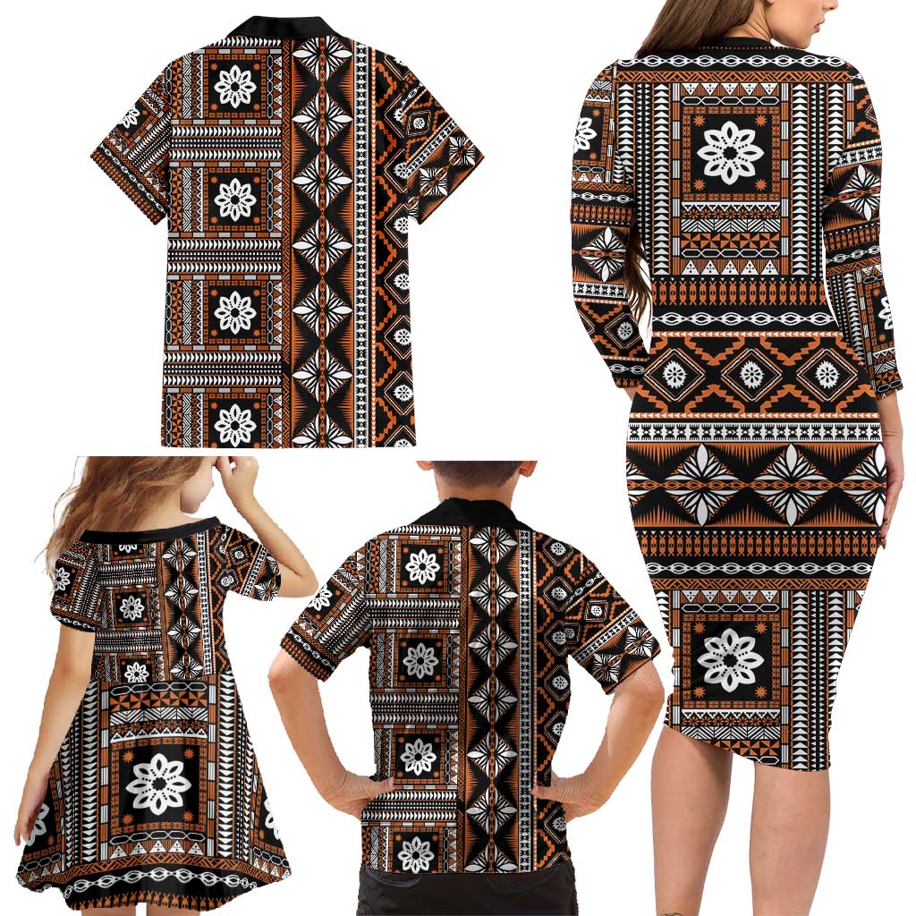 Fiji Masi Tapa Pattern Orange Family Matching Long Sleeve Bodycon Dress and Hawaiian Shirt LT01 - Polynesian Pride