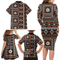 Fiji Masi Tapa Pattern Orange Family Matching Long Sleeve Bodycon Dress and Hawaiian Shirt LT01 - Polynesian Pride