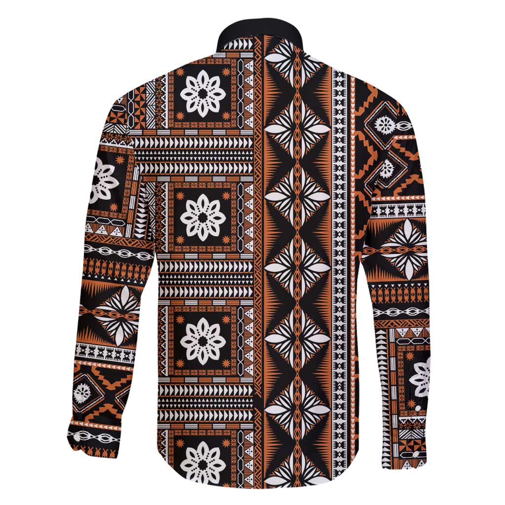 Fiji Masi Tapa Pattern Orange Family Matching Long Sleeve Bodycon Dress and Hawaiian Shirt LT01 - Polynesian Pride