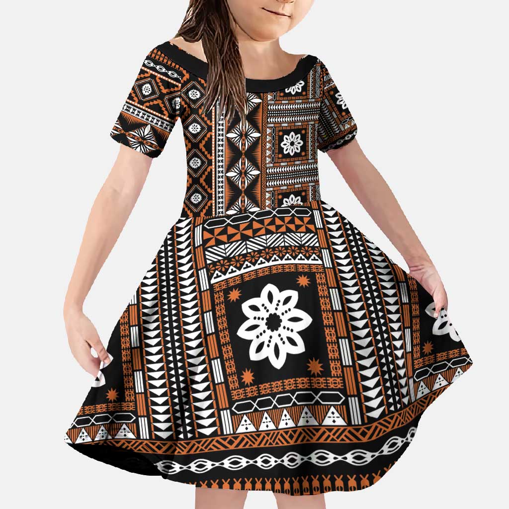 Fiji Masi Tapa Pattern Orange Family Matching Mermaid Dress and Hawaiian Shirt LT01 Daughter's Dress Orange - Polynesian Pride