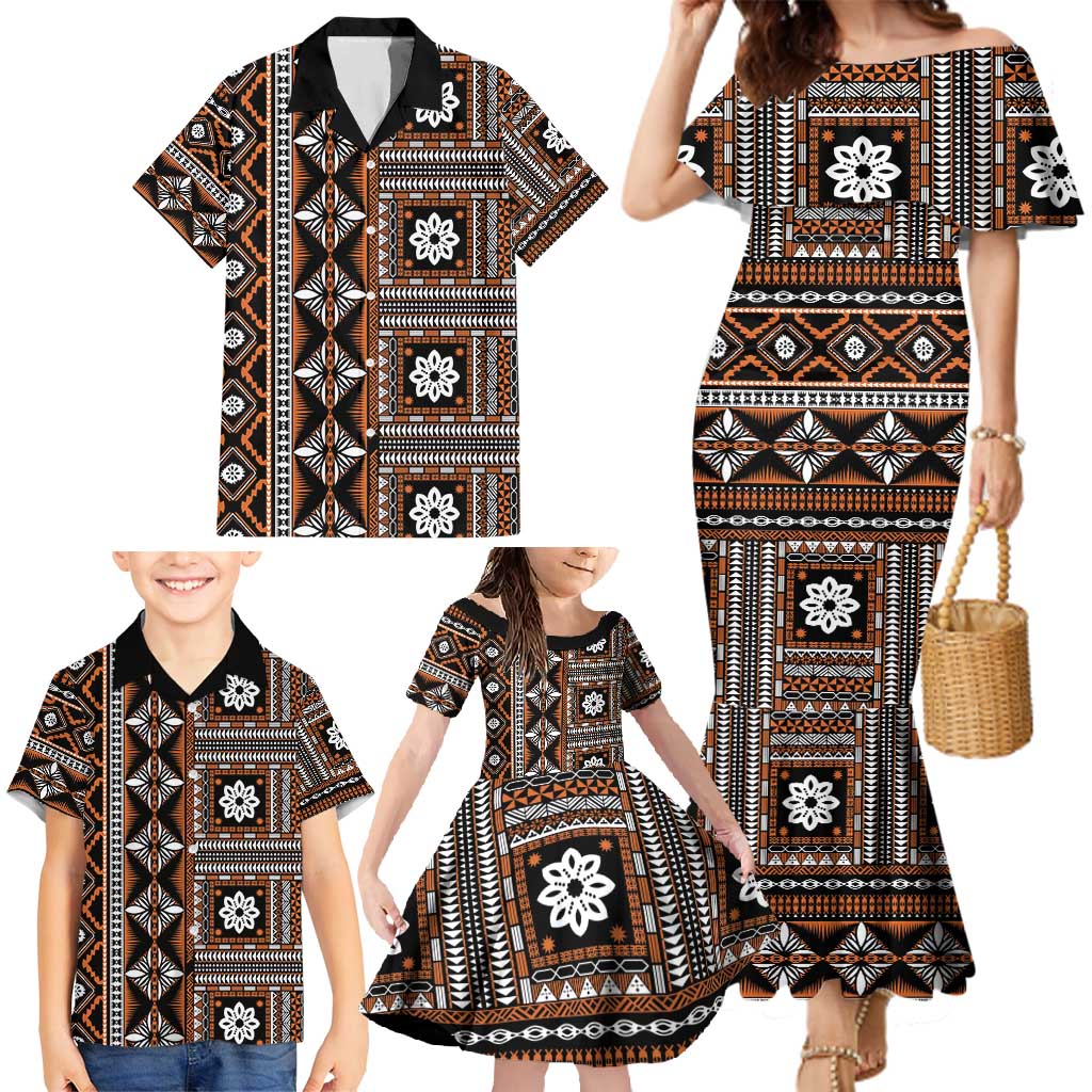 Fiji Masi Tapa Pattern Orange Family Matching Mermaid Dress and Hawaiian Shirt LT01 - Polynesian Pride