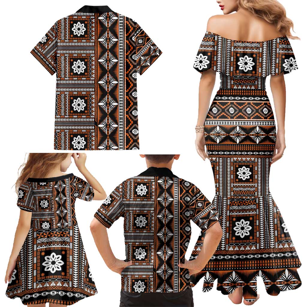 Fiji Masi Tapa Pattern Orange Family Matching Mermaid Dress and Hawaiian Shirt LT01 - Polynesian Pride