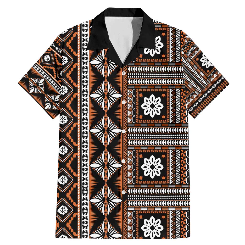 Fiji Masi Tapa Pattern Orange Family Matching Mermaid Dress and Hawaiian Shirt LT01 Dad's Shirt - Short Sleeve Orange - Polynesian Pride