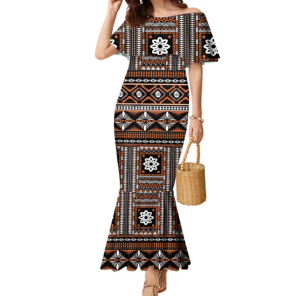 Fiji Masi Tapa Pattern Orange Family Matching Mermaid Dress and Hawaiian Shirt LT01 Mom's Dress Orange - Polynesian Pride