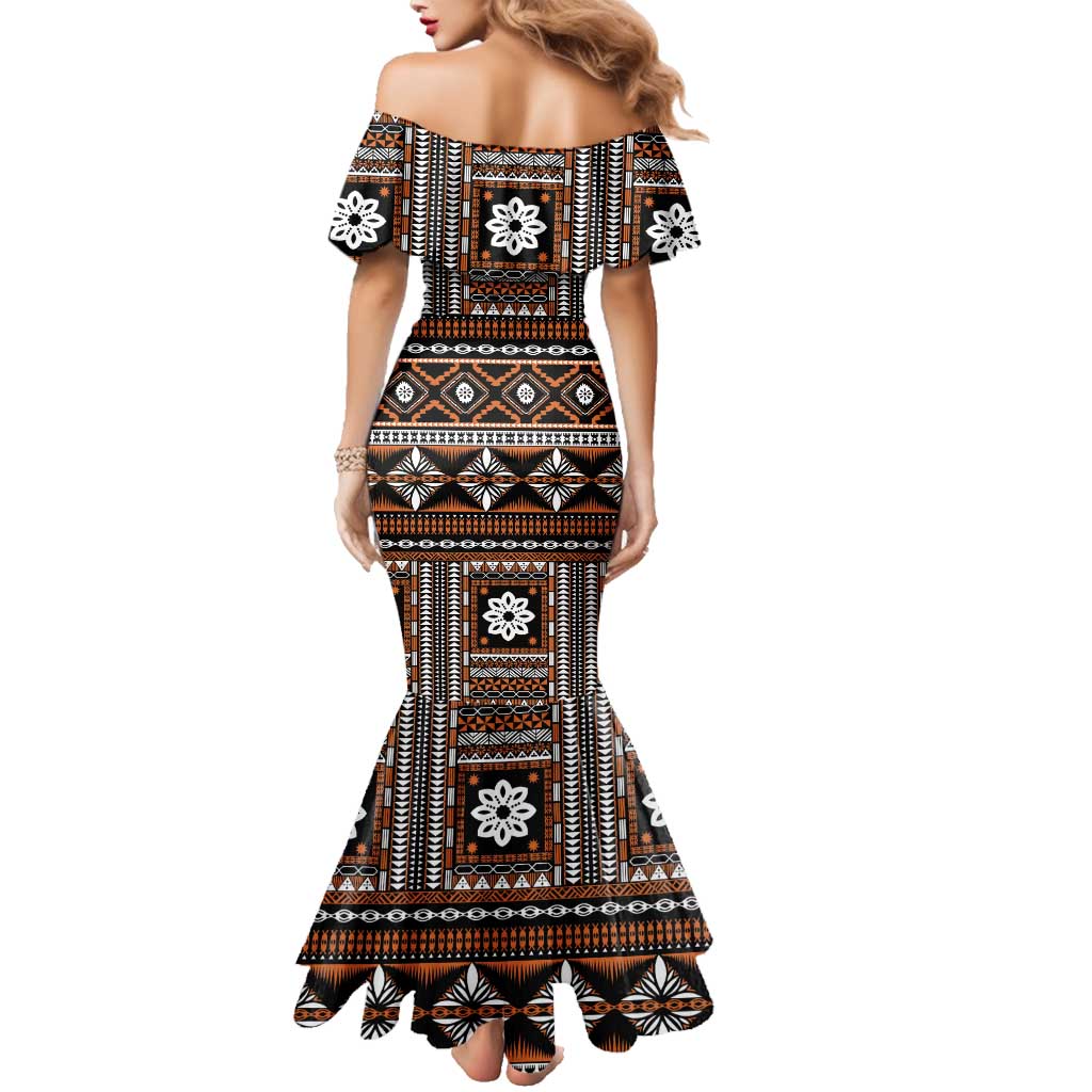Fiji Masi Tapa Pattern Orange Family Matching Mermaid Dress and Hawaiian Shirt LT01 - Polynesian Pride