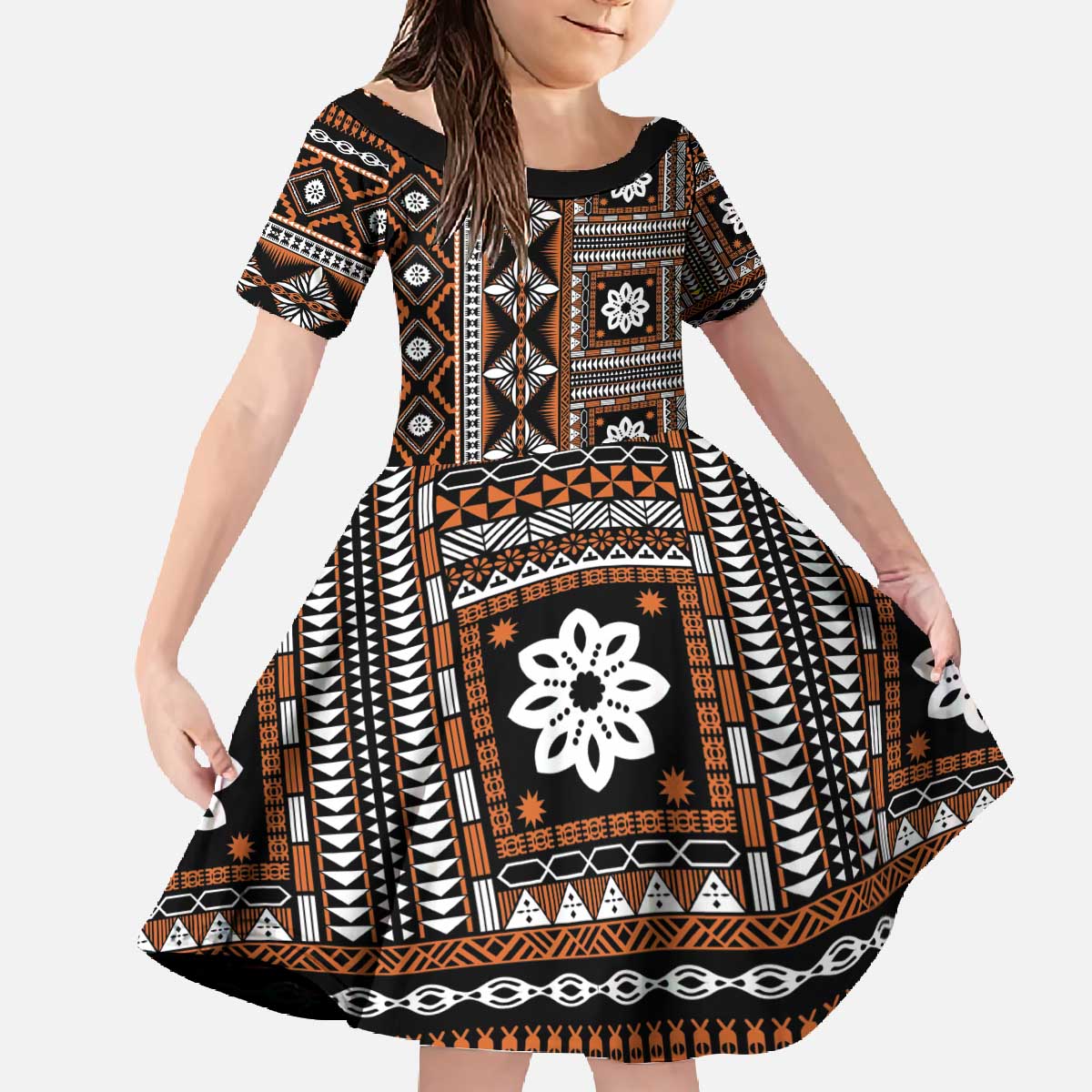 Fiji Masi Tapa Pattern Orange Family Matching Off The Shoulder Long Sleeve Dress and Hawaiian Shirt LT01 Daughter's Dress Orange - Polynesian Pride