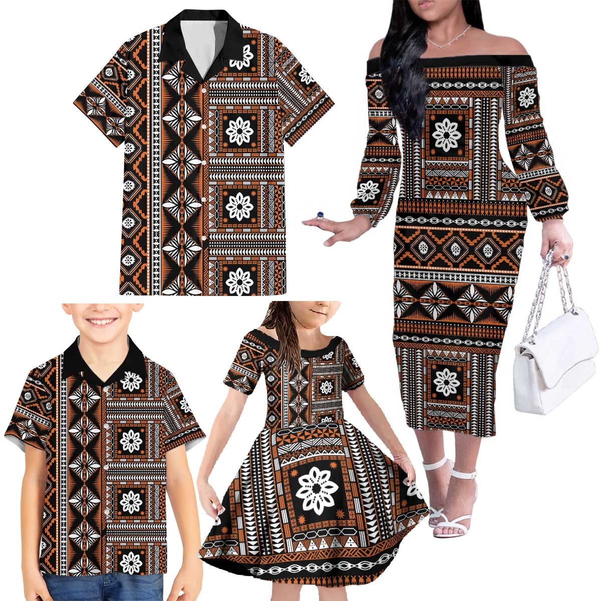 Fiji Masi Tapa Pattern Orange Family Matching Off The Shoulder Long Sleeve Dress and Hawaiian Shirt LT01 - Polynesian Pride