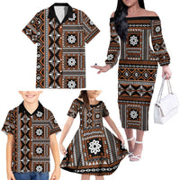 Fiji Masi Tapa Pattern Orange Family Matching Off The Shoulder Long Sleeve Dress and Hawaiian Shirt LT01 - Polynesian Pride