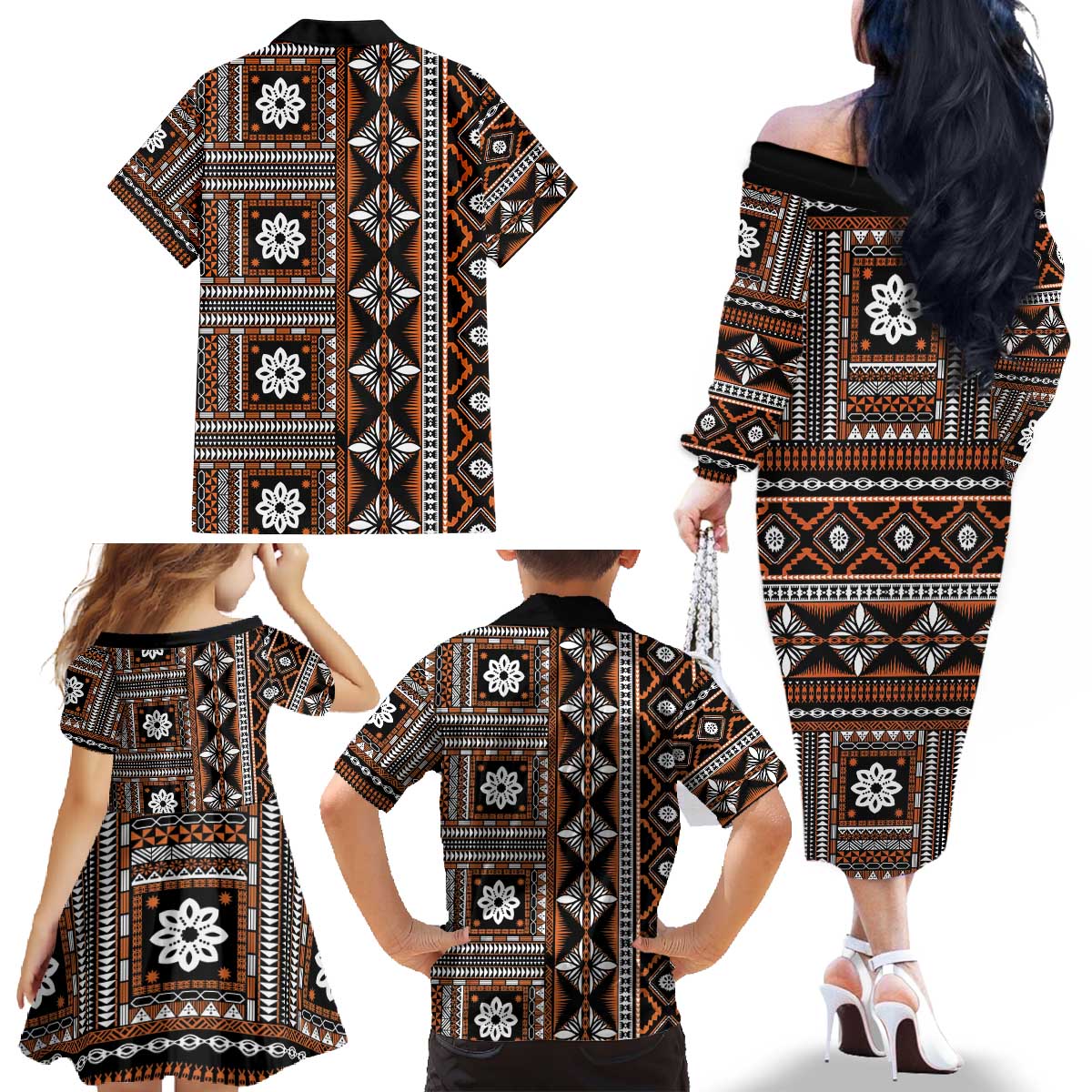Fiji Masi Tapa Pattern Orange Family Matching Off The Shoulder Long Sleeve Dress and Hawaiian Shirt LT01 - Polynesian Pride