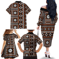 Fiji Masi Tapa Pattern Orange Family Matching Off The Shoulder Long Sleeve Dress and Hawaiian Shirt LT01 - Polynesian Pride