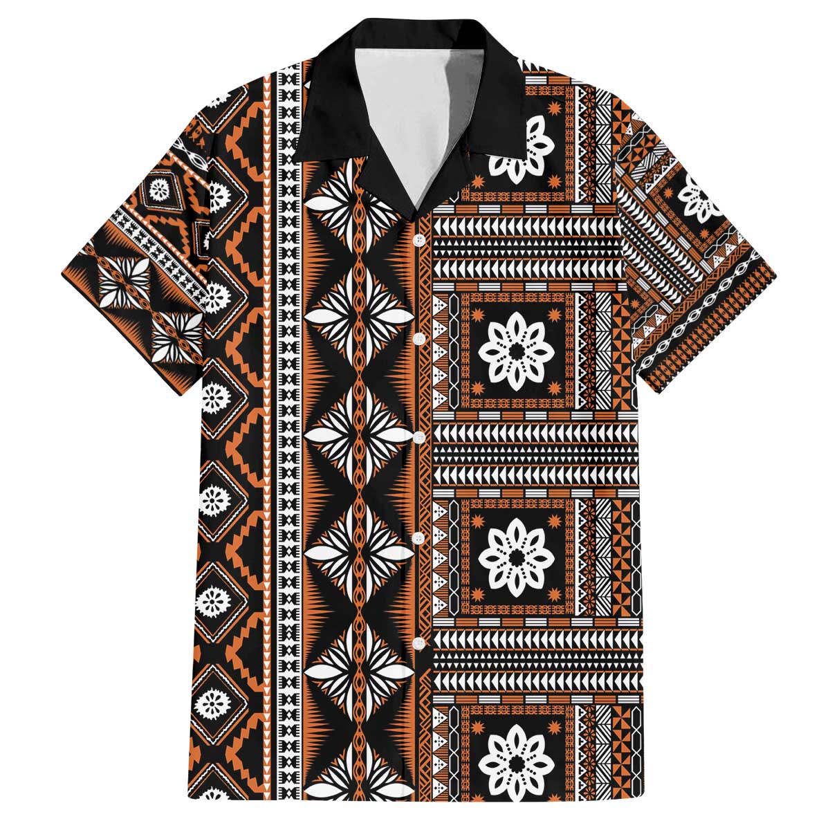 Fiji Masi Tapa Pattern Orange Family Matching Off The Shoulder Long Sleeve Dress and Hawaiian Shirt LT01 Dad's Shirt - Short Sleeve Orange - Polynesian Pride
