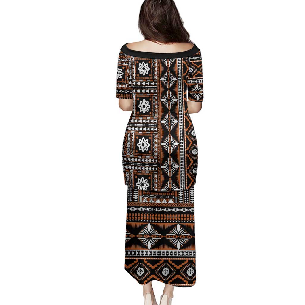 Fiji Masi Tapa Pattern Orange Family Matching Puletasi and Hawaiian Shirt - Polynesian Pride