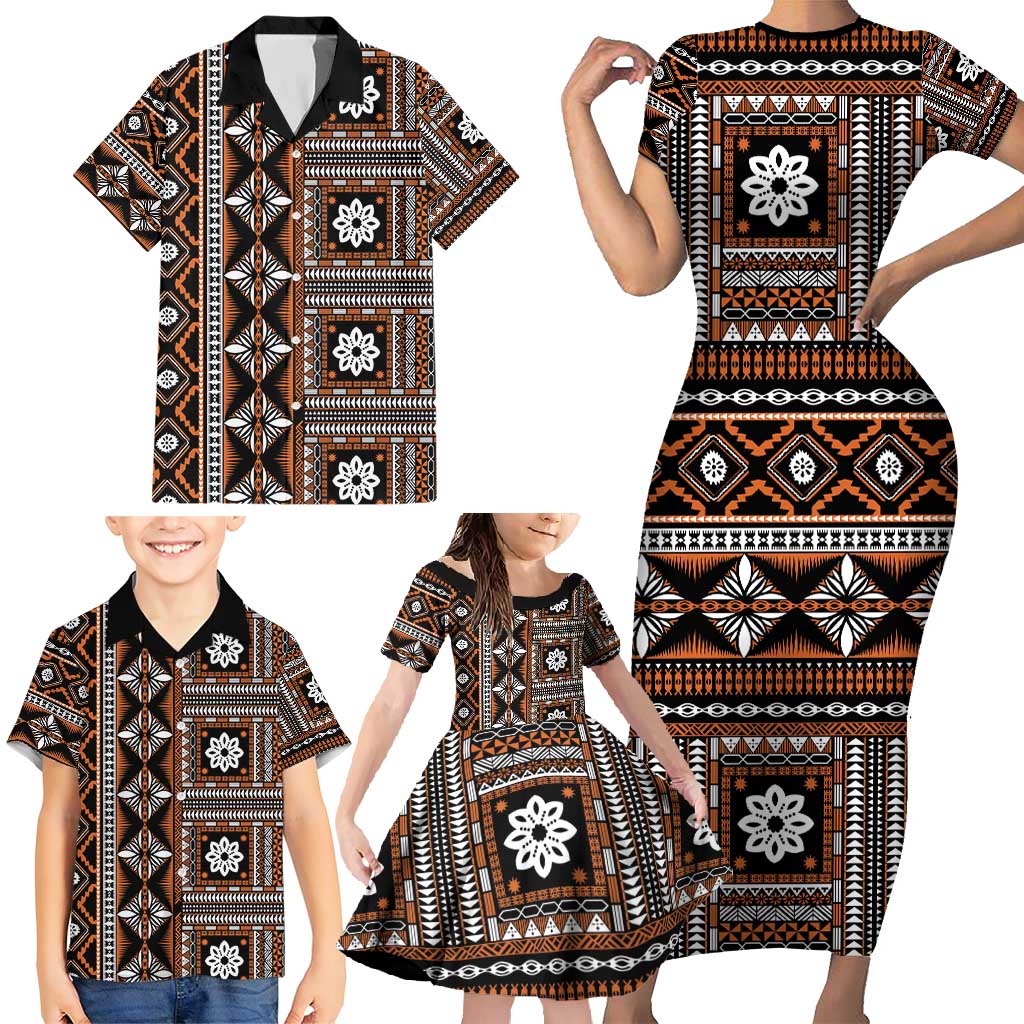 Fiji Masi Tapa Pattern Orange Family Matching Short Sleeve Bodycon Dress and Hawaiian Shirt LT01 - Polynesian Pride