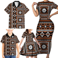 Fiji Masi Tapa Pattern Orange Family Matching Short Sleeve Bodycon Dress and Hawaiian Shirt LT01 - Polynesian Pride