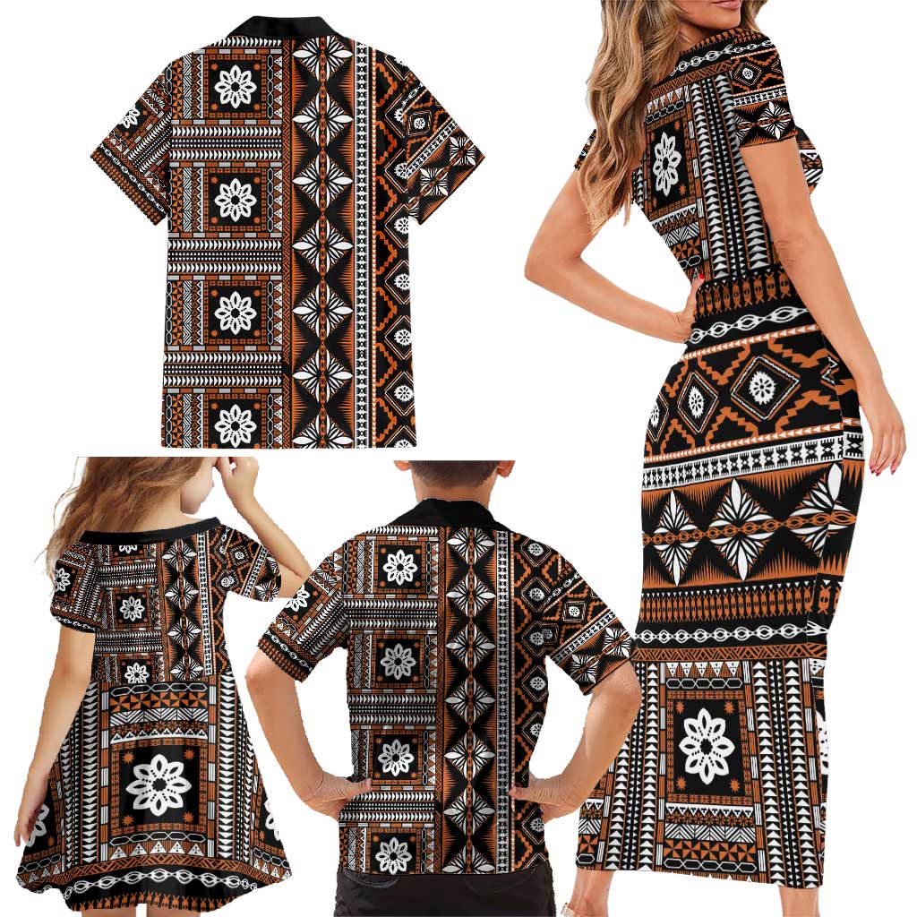 Fiji Masi Tapa Pattern Orange Family Matching Short Sleeve Bodycon Dress and Hawaiian Shirt LT01 - Polynesian Pride