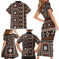 Fiji Masi Tapa Pattern Orange Family Matching Short Sleeve Bodycon Dress and Hawaiian Shirt LT01 - Polynesian Pride