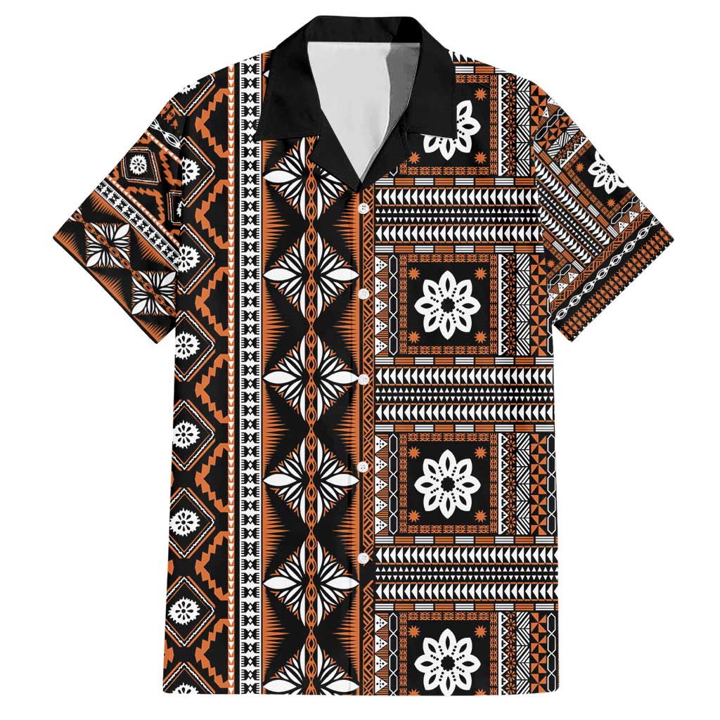 Fiji Masi Tapa Pattern Orange Family Matching Short Sleeve Bodycon Dress and Hawaiian Shirt LT01 Dad's Shirt - Short Sleeve Orange - Polynesian Pride
