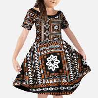 Fiji Masi Tapa Pattern Orange Family Matching Tank Maxi Dress and Hawaiian Shirt LT01 Daughter's Dress Orange - Polynesian Pride