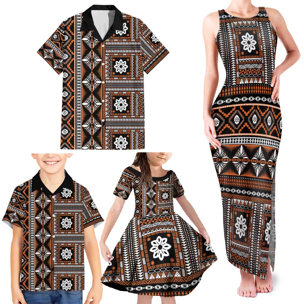 Fiji Masi Tapa Pattern Orange Family Matching Tank Maxi Dress and Hawaiian Shirt LT01 - Polynesian Pride