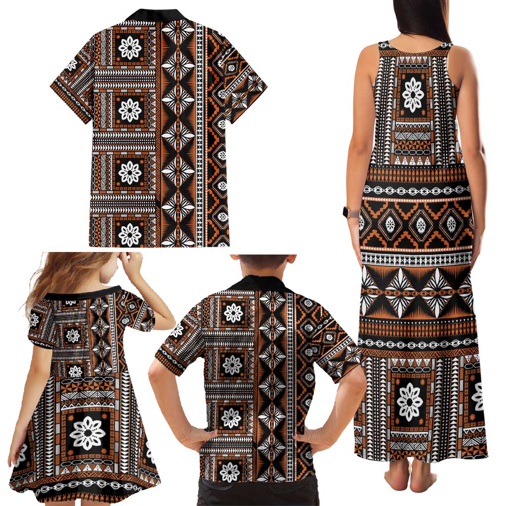 Fiji Masi Tapa Pattern Orange Family Matching Tank Maxi Dress and Hawaiian Shirt LT01 - Polynesian Pride