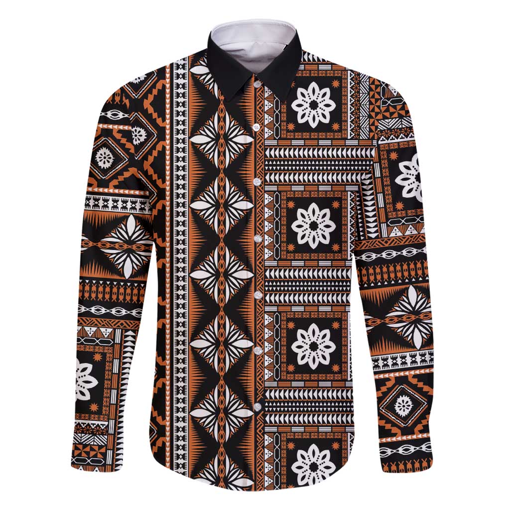 Fiji Masi Tapa Pattern Orange Family Matching Tank Maxi Dress and Hawaiian Shirt LT01 Dad's Shirt - Long Sleeve Orange - Polynesian Pride