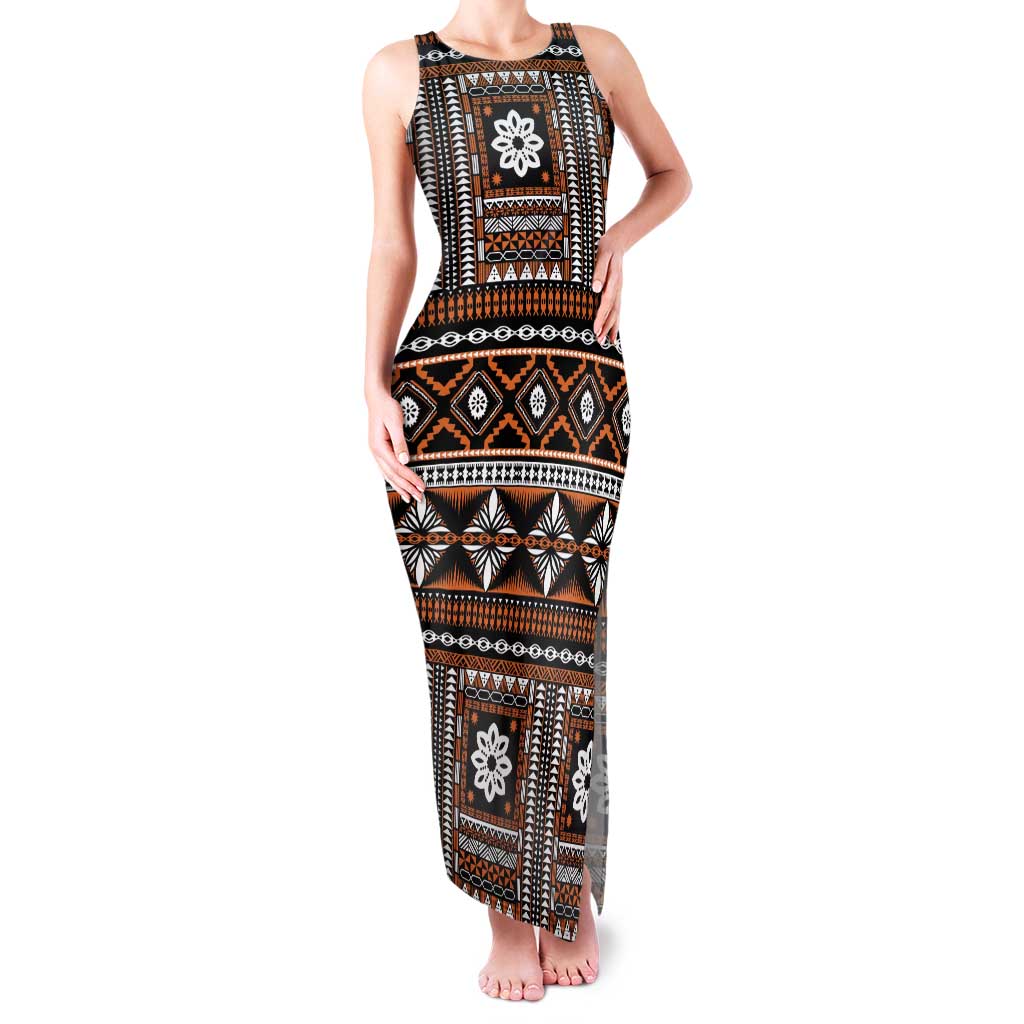 Fiji Masi Tapa Pattern Orange Family Matching Tank Maxi Dress and Hawaiian Shirt LT01 Mom's Dress Orange - Polynesian Pride