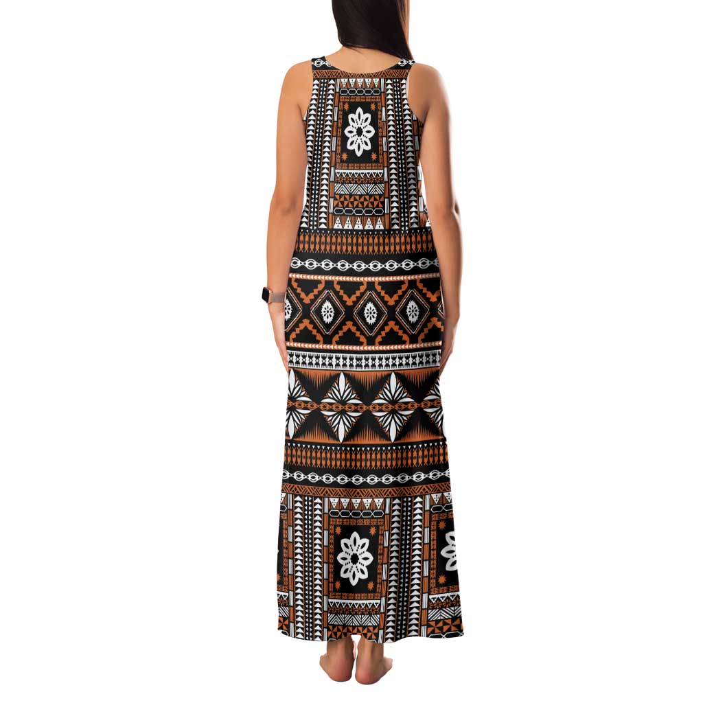 Fiji Masi Tapa Pattern Orange Family Matching Tank Maxi Dress and Hawaiian Shirt LT01 - Polynesian Pride
