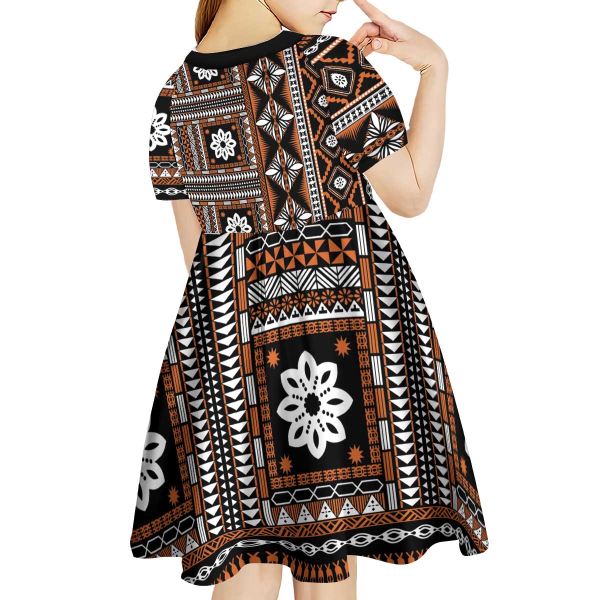 Fiji Masi Tapa Pattern Orange Kid Short Sleeve Dress - Polynesian Pride