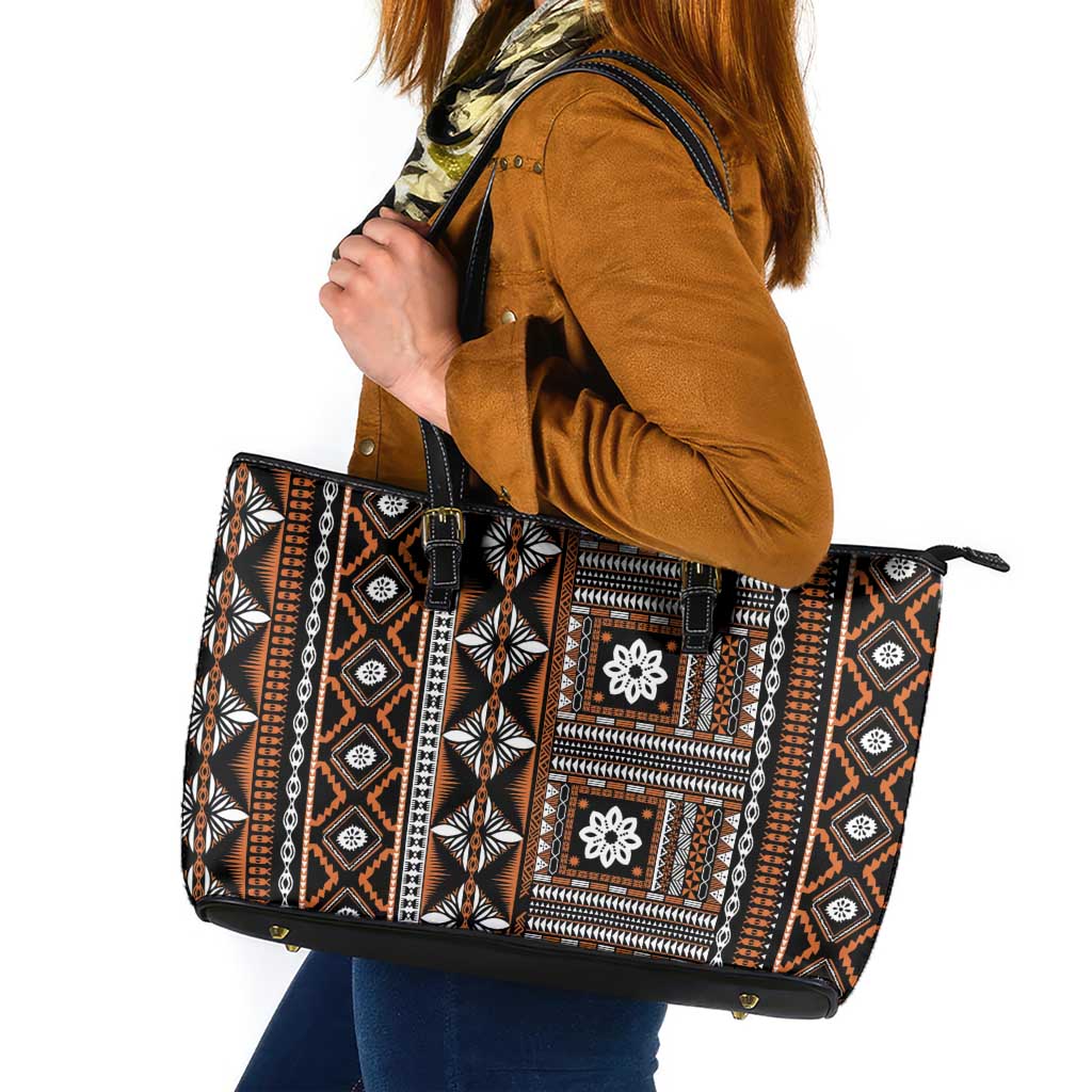 Fiji Masi Tapa Pattern Orange Leather Tote Bag - Polynesian Pride