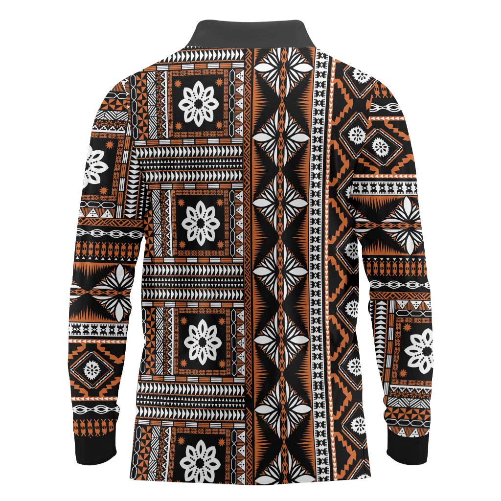Fiji Masi Tapa Pattern Orange Long Sleeve Polo Shirt - Polynesian Pride