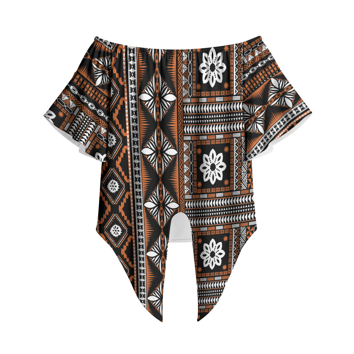 Fiji Masi Tapa Pattern Orange Off Shoulder Wrap Waist Top LT01 Orange - Polynesian Pride