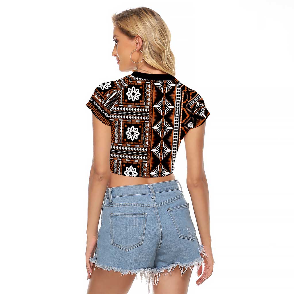 Fiji Masi Tapa Pattern Orange Raglan Cropped T Shirt - Polynesian Pride