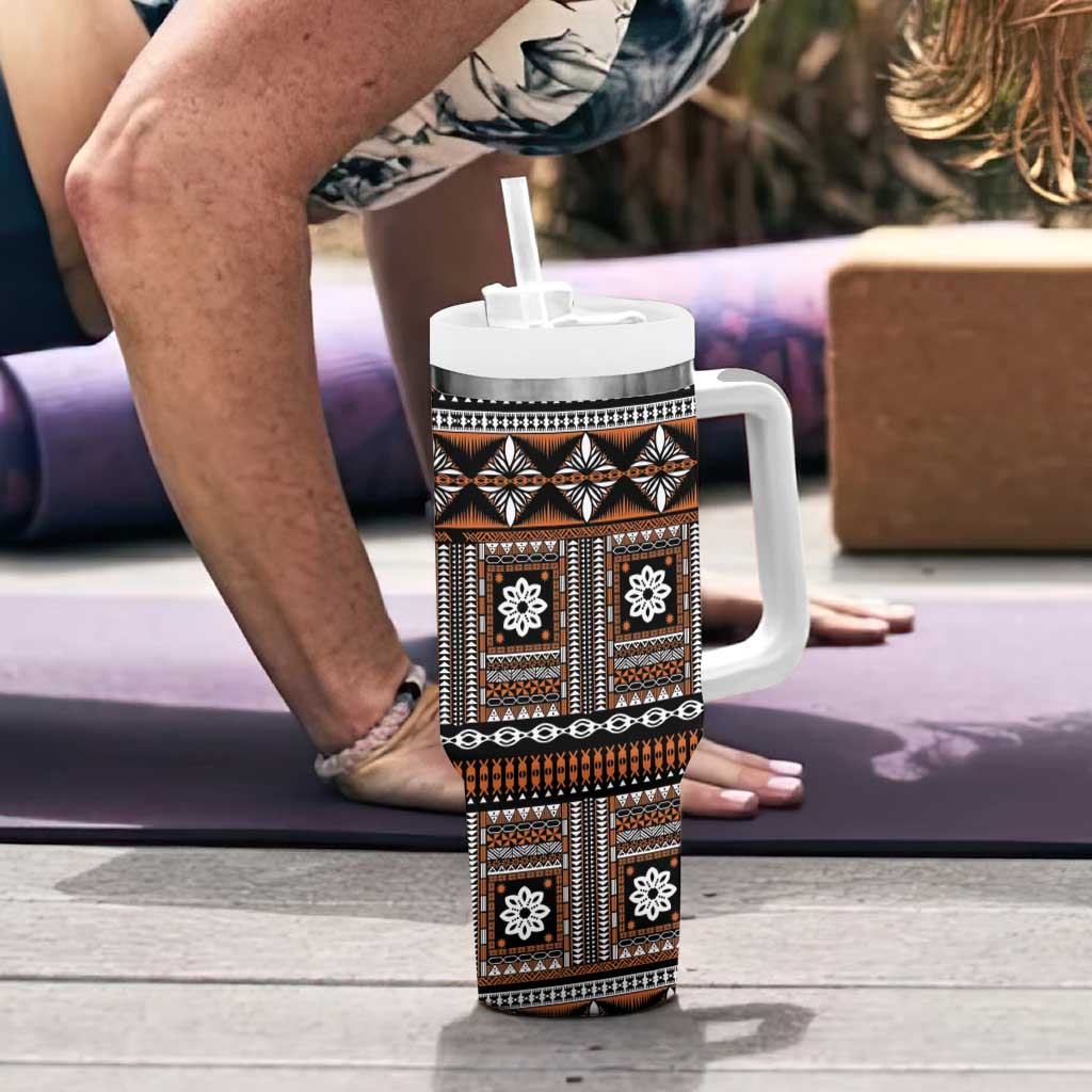 Fiji Masi Tapa Pattern Orange Tumbler With Handle - Polynesian Pride