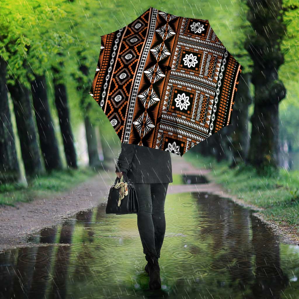Fiji Masi Tapa Pattern Orange Umbrella - Polynesian Pride