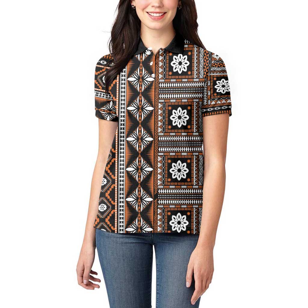 Fiji Masi Tapa Pattern Orange Women Polo Shirt - Polynesian Pride