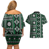 Fiji Masi Tapa Pattern Green Couples Matching Off Shoulder Short Dress and Hawaiian Shirt - Polynesian Pride