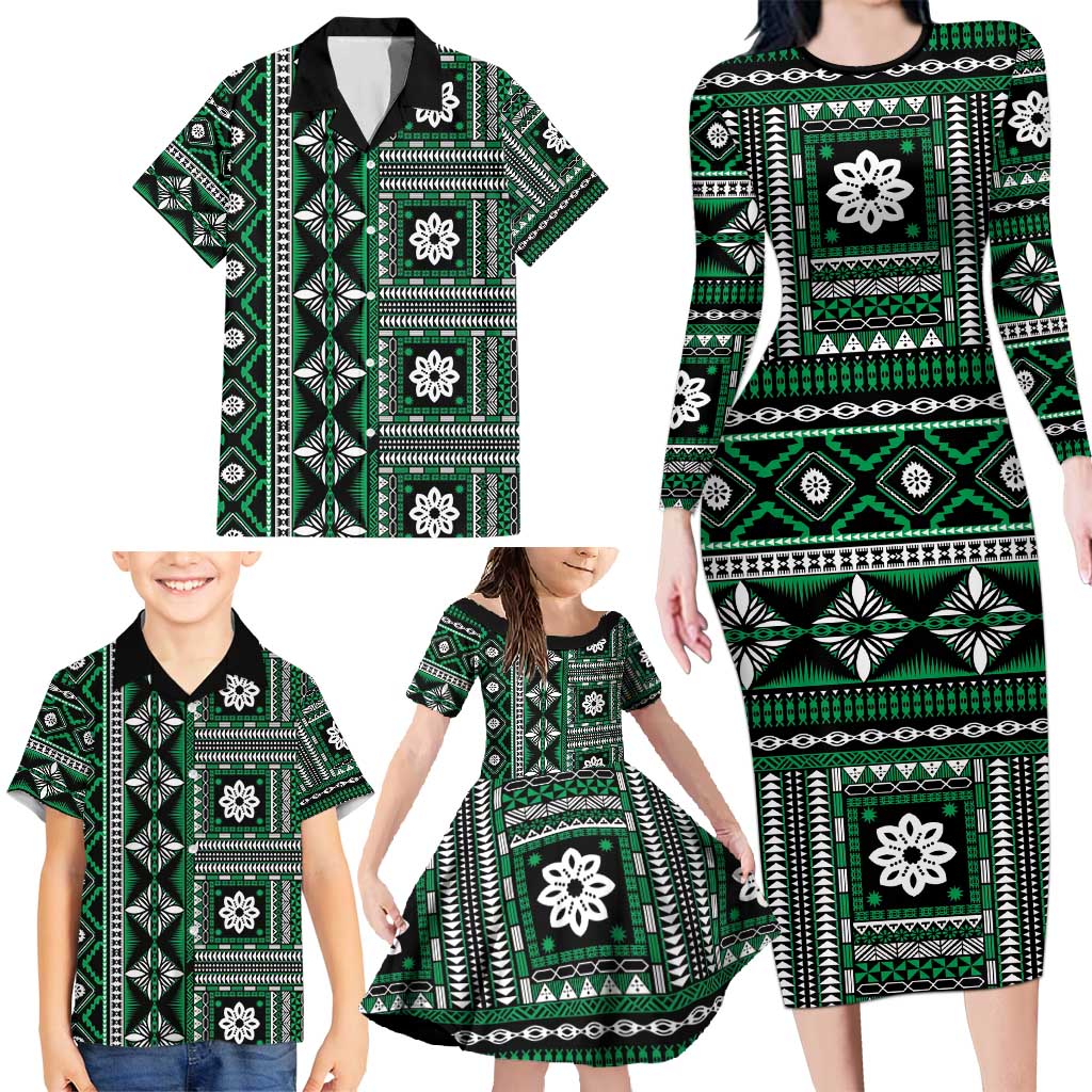 Fiji Masi Tapa Pattern Green Family Matching Long Sleeve Bodycon Dress and Hawaiian Shirt LT01 - Polynesian Pride