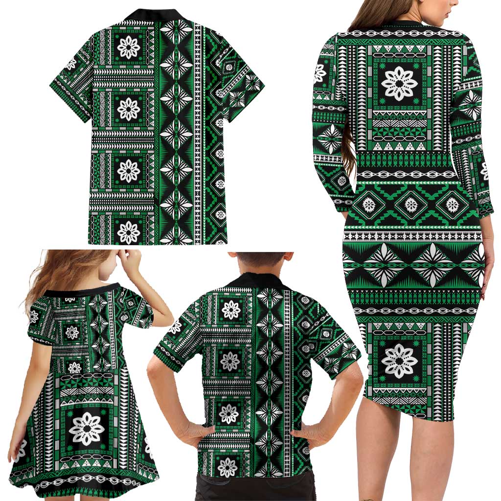 Fiji Masi Tapa Pattern Green Family Matching Long Sleeve Bodycon Dress and Hawaiian Shirt LT01 - Polynesian Pride