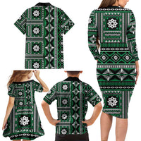 Fiji Masi Tapa Pattern Green Family Matching Long Sleeve Bodycon Dress and Hawaiian Shirt LT01 - Polynesian Pride